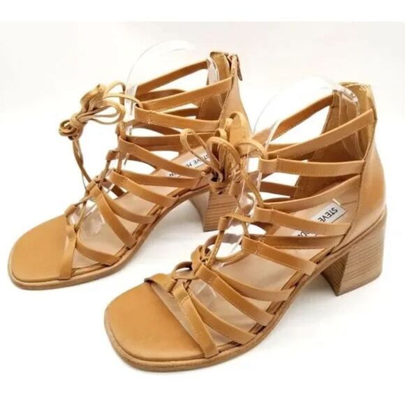 Steve Madden Sandals Size 7.5‎ Tan Leather Cherri Block Heel Strappy Heels - Picture 1 of 10